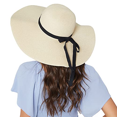 Women Wide Brim Sun Hat UPF50 Straw Summer Hat Floppy Beach Hat Roll-Up - color: Tie Beige