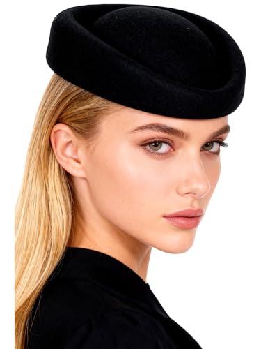 HIMESPORT Wool Felt Beret Derby Fascinator Hats for Women Ladies Church Tea Party Formal Wedding Pillbox Hat - color: Black