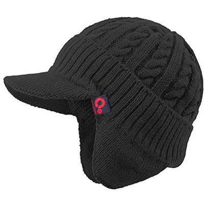 Original One Winter Ear Flap Visor Beanie Lining Hat with Billed Knit Brimmed Cap - color: Black
