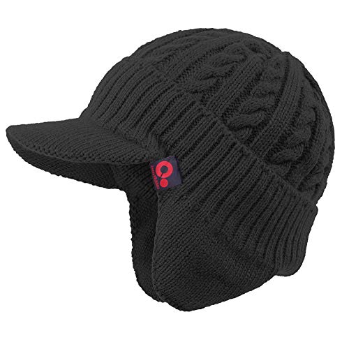 Original One Winter Ear Flap Visor Beanie Lining Hat with Billed Knit Brimmed Cap - color: Black
