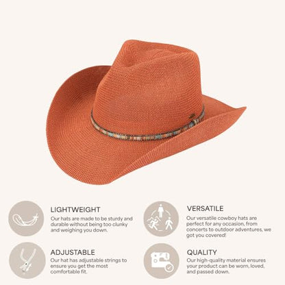 C.C Knitted Cowboy Hat for Women Lightweight Woven Western Hat with Multicolor Trim Band, Wide Brim Summer Sun Hat - color: Clay