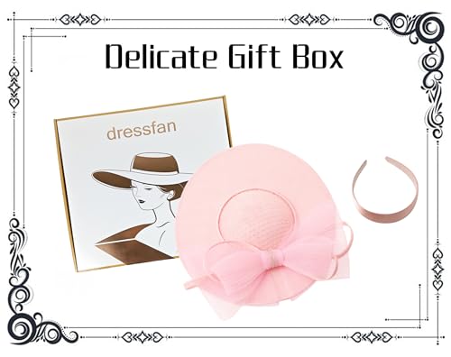 dressfan Wide Brim Fascinator Hats for Women,20s Linen Rhinestones Bow Big Hat for Derby Church Wedding Tea Party - color: Pink