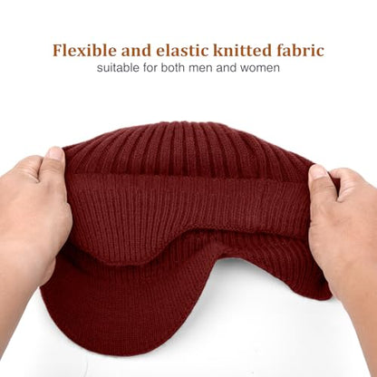 2Pack Men&Women Winter Warm Fleece-Lined Knit Beanie Hats with Brim & Ear Flaps for Cold Weather - color: Black+wine Red