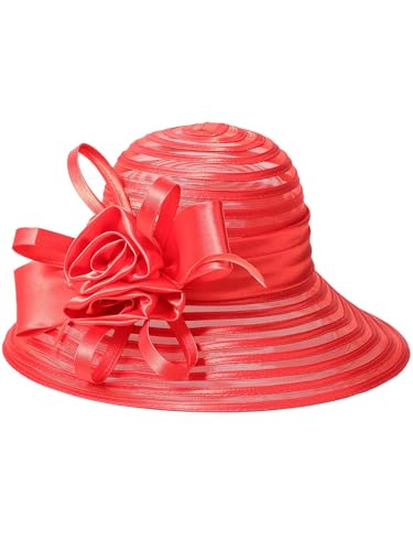 Women's Wedding Bridal Derby Fascinators-Floral Cloche,Bowler&Wide Brim Kentucky Hats for Church,Party&Horse Races - color: Red