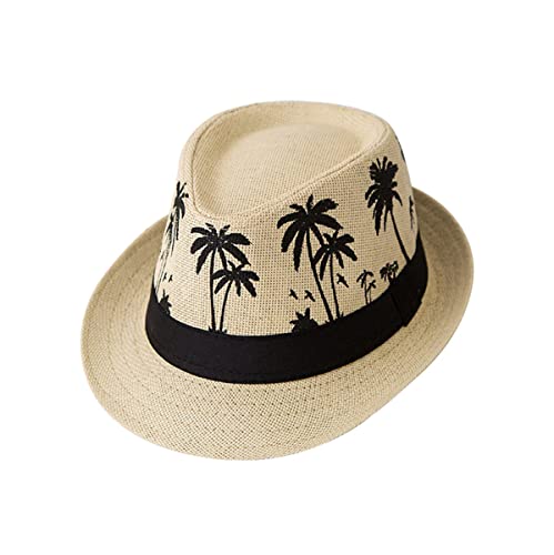 ECYC Ltd Panama Straw Hats Short Brim Fedora Straw Hat Trilby Hat Palm Tree Print Summer Beach Sun Hat Cap for Men Women - color: Light Khaki