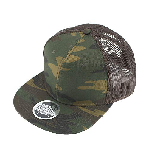 Plain Cotton Twill Flat Brim Mesh Adjustable Snapback Trucker Baseball Cap - color: Camo/Camo/Dark Brown