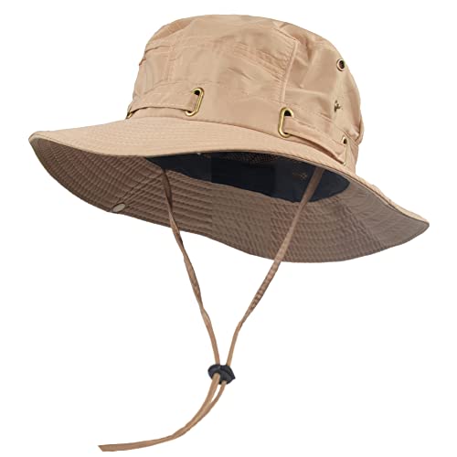 Waterproof Safari Hats | Wide Brimmed Sun Protection Boonie Cap | Explorer Jungle Bush Bucket Hat for Outdoor Hiking Fishing - color: Khaki