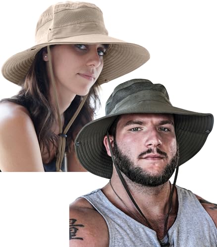 GearTOP Safari Hat for Men Sun Hats for Women UV Protection UPF 50+ Fishing, Gardening, Hiking Hat (22-23 1/2") - color: Khaki & Army Green Standard 2 Pack