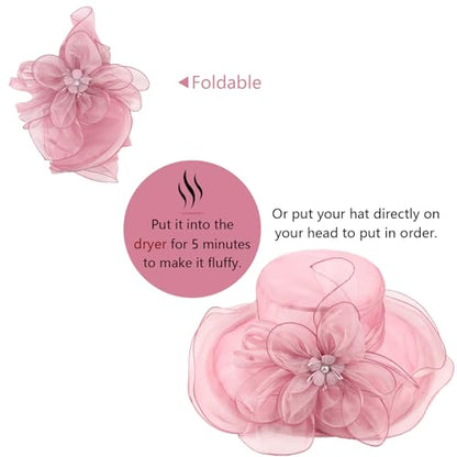 AQOKKA Women Organza Church Fascinators Kentucky Derby Hats for Women and Girls Wedding Flower Tea Party Hat with Wide Brim - color: Simulated Flower : Light Pink