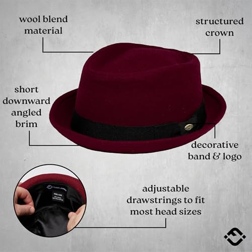 Funky Junque Wool Blend Porkpie Fedora, Classic Trilby Dress Hat - color: Burgundy, size: Medium
