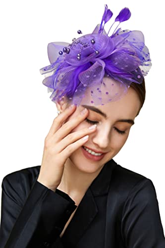 BABEYOND Fascinators Hats for Women Tea Party Flower Tulle Bead Derby Hat - color: Purple