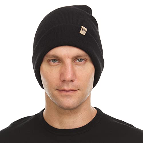 100% Merino Wool - Midweight Everyday Knit Cuff Beanie - Warm Winter Hat - color: Black