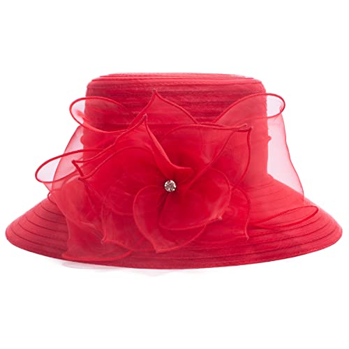 Womens Wedding Occasion Floral Wide Brim Church Dressy Sun Hat A323 - color: Red