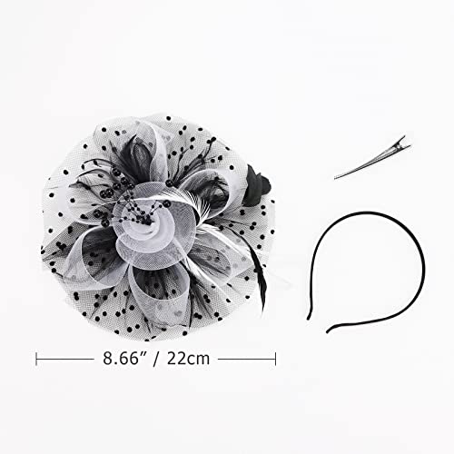 AQOKKA Women Fascinators Hats Flower Fascinators with Headband and Clip Tea Party Headwear for Women and Girls - color: 1 Pc 7" Diameter / Black White
