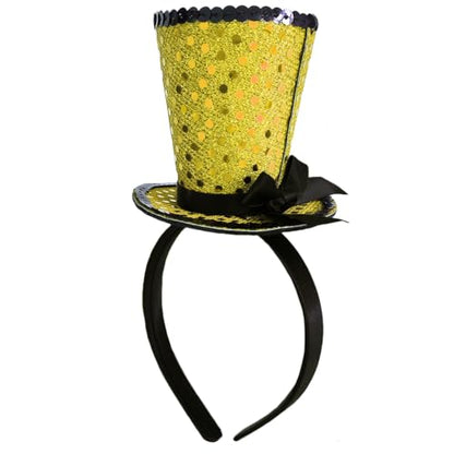 WLBON Halloween Mini Top Hat Headband 1920s Bow Sequins Hair Hoops Bands Fascinator Headpiece Hairband Women Christmas Holiday Festival Parade Cosplay Dress Up Birthday Tea Party Accessories Golden - color: Golden Tone