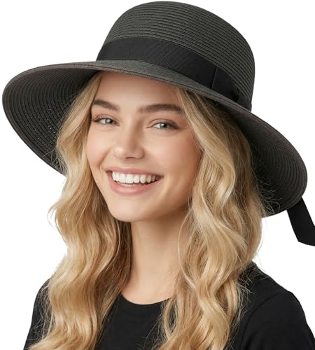 Funky Junque Wide Brim Panama Sun Hat, Womens Packable Straw - color: Ribbon Bow Trim - Black