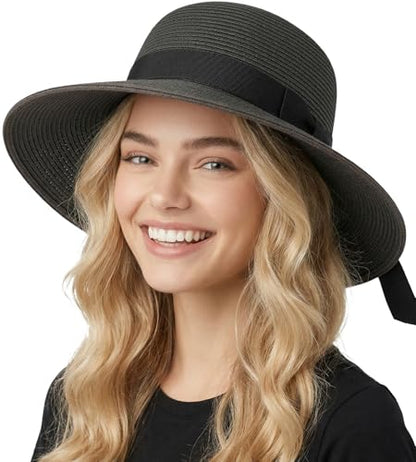 Funky Junque Wide Brim Panama Sun Hat, Womens Packable Straw - color: Ribbon Bow Trim - Black