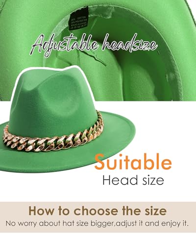 Men & Women Wide Brim Fedora Hat with Chain Buckle - color: Chain Belt-forest-green