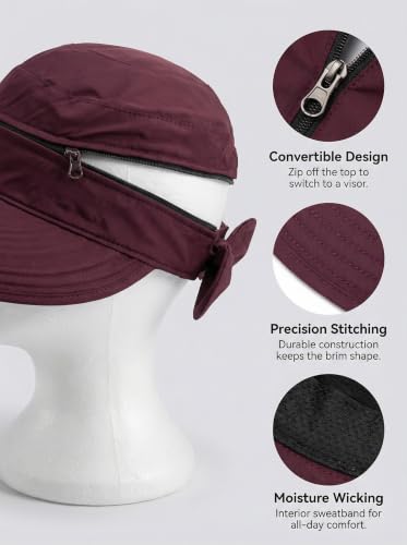 2-in-1 Women’s Sun Visor Sun Hat Zipper Off Ponytail Friendly, Lightweight Quick Dry, Summer UV Protection - color: Burgundy
