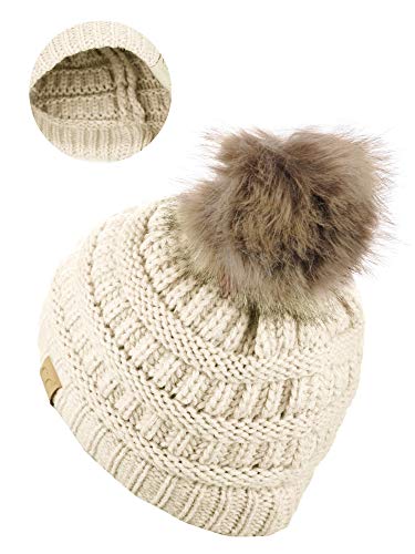 C.C Children's Kids' Soft Stretch Cable Knit Faux Fur Pom Beanie Hat - color: Ivory