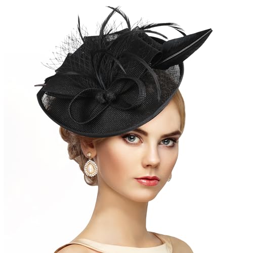 Zinniday Kentucky Fascinators Hats for Women - Vintage Tea Party Outfit Headband Church Derby Hat for Women (9.64x7.87inch) - color: Black