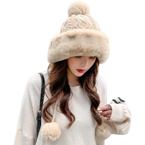 Winter Pompom Beanie Hats for Women Fluffy Knit Skull Cap Womens Faux Fur Crochet Warm Bucket Outdoor Ear Cover - color: Khaki