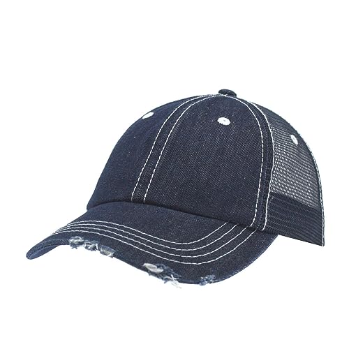 The Vintage Year Distressed Cotton Unstructured Soft Mesh Breathable Adjustable Dirty Wash Dad Hat Trucker Baseball Cap - color: Denim Navy