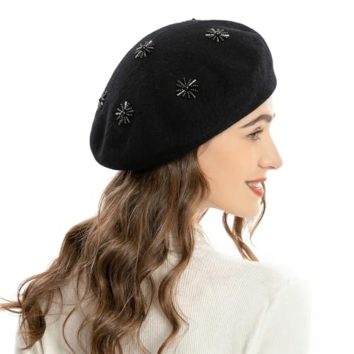 ZLYC Women French Beret Hat Reversible Knit Thickened Warm Artist Cap - color: Plain Black