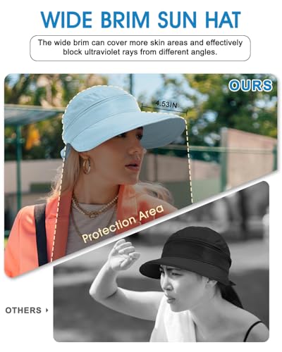 Century Star Sun Hat for Women Wide Brim Zip-Off Beach Hat Visor Ponytail UV Protection Summer Visors - color: Blue