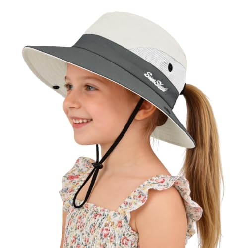 ZOORON Kids Girls Ponytail Sun Hat UPF 50+ Breathable Mesh Water-Resistant - color: Two-tone Beige