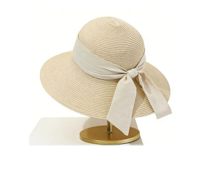 Foldable Wide Brim Straw Sun Hat for Women, UV Protection Packable Travel Summer Beach Hat Cream Color Lightweight Outdoor Festival Sun Hat