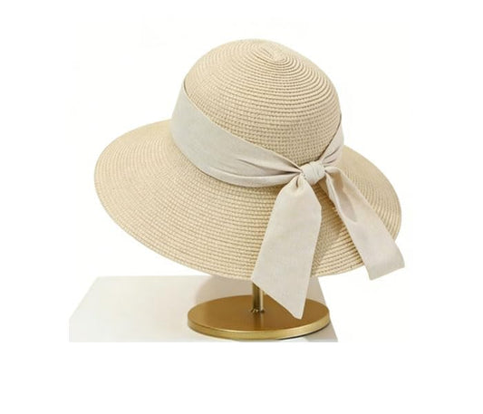 Foldable Wide Brim Straw Sun Hat for Women, UV Protection Packable Travel Summer Beach Hat Cream Color Lightweight Outdoor Festival Sun Hat