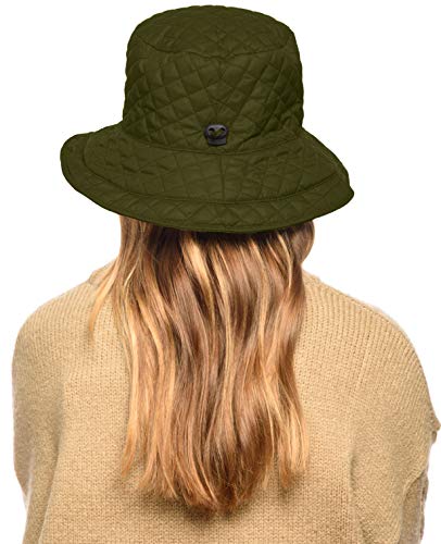 Foldable Water Repellent Quilted Rain Hat w/Adjustable Drawstring, Bucket Cap - color: Olive