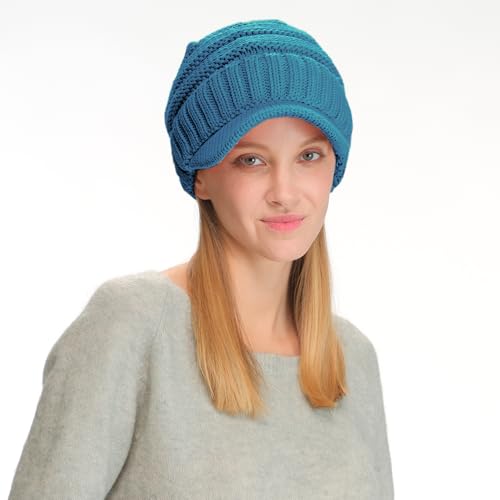C.C Trendy Warm Oversized Chunky Soft Oversized Ribbed Slouchy Knit Hat with Visor Brim - color: Teal