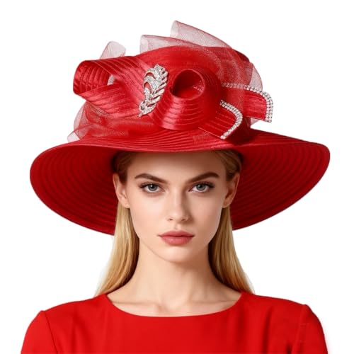 Wedding Bridal Church Party Derby Hats for Women Bow Formal Bowler Hat Wide Brim Fascinator Flat Top Fedora Hats - color: Red