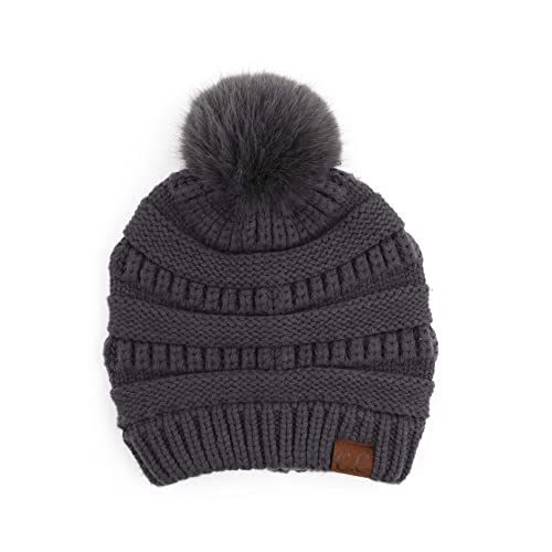 C.C Hatsandscarf Exclusives Unisex Solid Ribbed Beanie with Pom (HAT-43) - color: A-dk. Grey