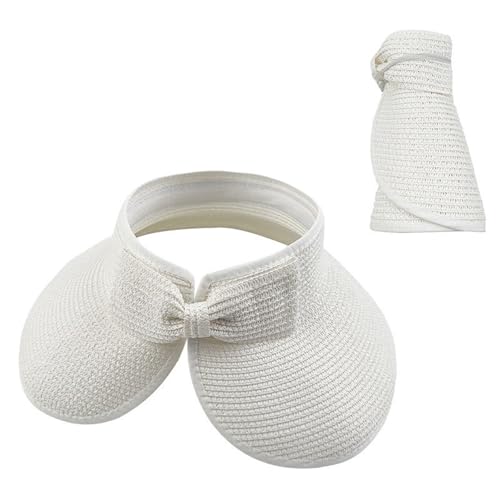 Sun Visor Hats for Women Adjustable Wide Brim Straw Sun Hat Roll-Up Ponytail Straw Hat Packable Summer Beach Hats - color: White