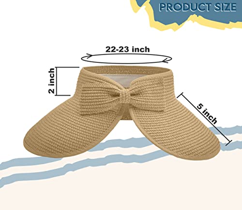 Straw Sun Visor for Women, Wide Brim UPF 50+ Protection Beach Hat, Adjustable, Roll Up Foldable Ponytail Cap with Chin Strap - color: Beige