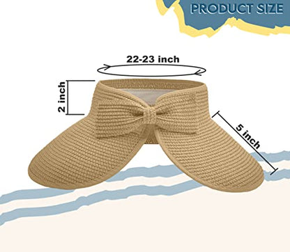 Straw Sun Visor for Women, Wide Brim UPF 50+ Protection Beach Hat, Adjustable, Roll Up Foldable Ponytail Cap with Chin Strap - color: Beige