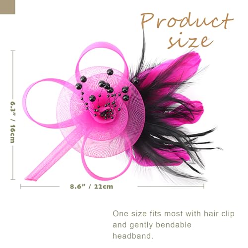 DRESHOW Fascinators Hats for Women Tulle Feather Tea Party Fascinator Hats - color: Fuchsia & Black