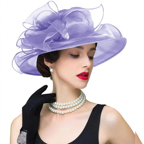 Women's Kentucky Derby Church Dress Hat Wide Brim Leaf Flower Bridal Shower Hat - color: S2-violet