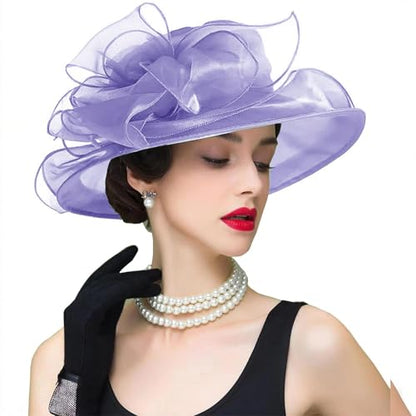 Women's Kentucky Derby Church Dress Hat Wide Brim Leaf Flower Bridal Shower Hat - color: S2-violet