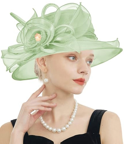 Women's Kentucky Derby Church Dress Hat Wide Brim Leaf Flower Bridal Shower Hat - color: F12-fruit Green