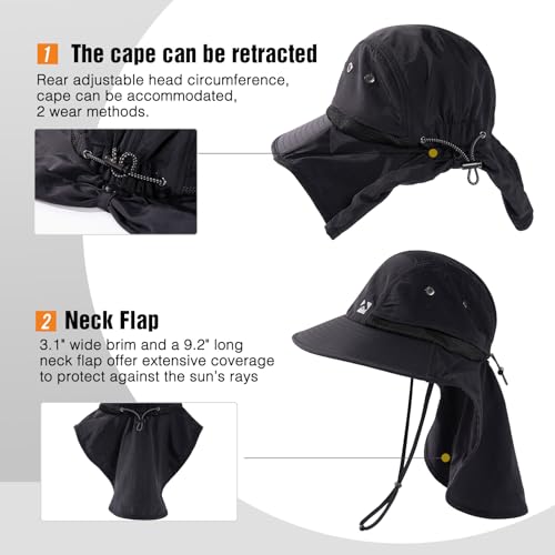TOP-EX Oversized UPF50+ Sun Hat for Big Heads with Neck Flap & Wide Brim - color: Black, size: X-Large-XX-Large
