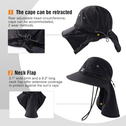 TOP-EX Oversized UPF50+ Sun Hat for Big Heads with Neck Flap & Wide Brim - color: Black, size: Large-X-Large