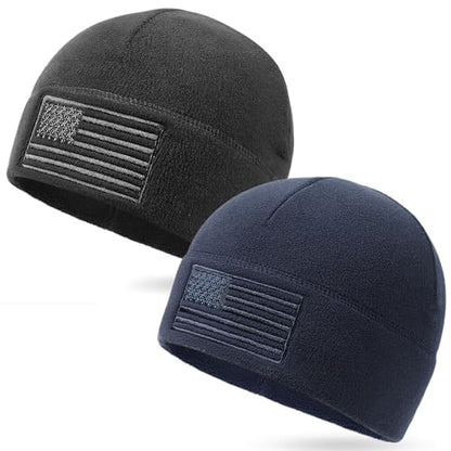 OUTDOOR SHAPING American Flag Fleece Beanie with Embroidered Patch Hat - color: Black+navy