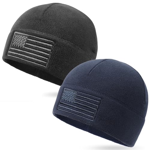 OUTDOOR SHAPING American Flag Fleece Beanie with Embroidered Patch Hat - color: Black+navy