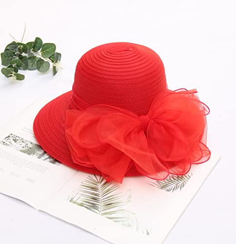 Women's Kentucky Derby Church Dress Hat Wide Brim Leaf Flower Bridal Shower Hat - color: 01 Red