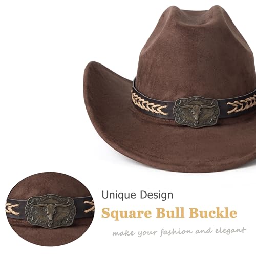 Western Cowboy Hat for Women Men Retro Suede Hat - color: Coffee-square Bull Buckle