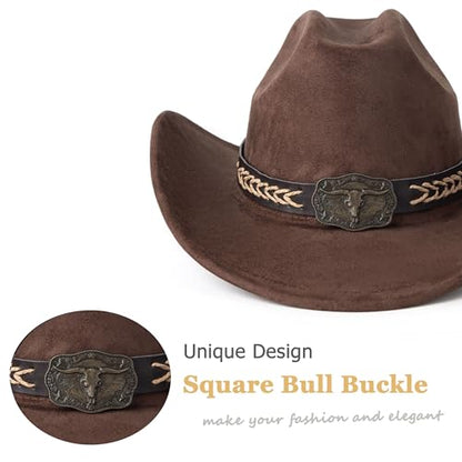 Western Cowboy Hat for Women Men Retro Suede Hat - color: Coffee-square Bull Buckle